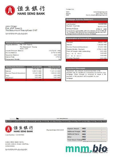 Hong Kong Bank Hang Seng wyciąg z kredytu hipotecznego szablon Word i PDF